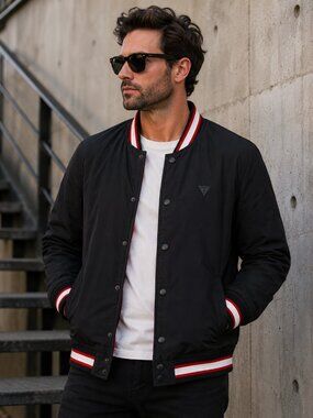 Guess Los Angeles Black Quilted Bomber Jacket XL Varsity Logo
